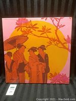 Full artwork showing four Japanese women with parasol, large yellow-orange circular sun, and pink floral branches in background