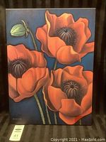 Full view of three large orange poppies and a green bud against blue background on canvas, signed Rafuse.