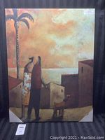 Full view of unframed canvas painting 'Paseo con Perro' showing two figures walking a dog with stylized urban and natural background.