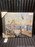 Front view of the canvas artwork showing the harbor scene with flags and boats, corners protected.