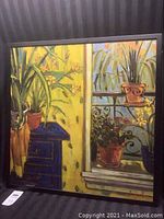 Full view of the framed painting showing indoor plants and balcony plants with furniture.