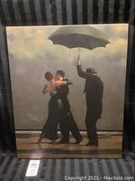 Full view of the unframed canvas art showing a couple dancing and a third figure holding an umbrella.