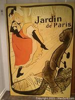 Full view of vintage reproduction oil painting depicting a woman in period dress with 'Jardin de Paris' text.