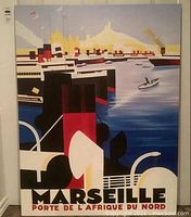 Full view of the unframed vintage reproduction oil painting titled 'Marseille' showing harbor with red and black ship stacks and yellow city skyline, including text at bottom.