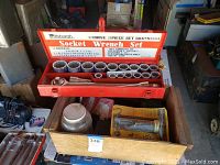 Metal orange recessed 3/4 inch drive socket wrench set case marked Pittsburgh 374 Drive 21 Piece Socket Wrench Set #3394, open showing sockets inside.