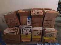 Full view of multiple boxes filled with sewing pattern envelopes, each labeled by size and clothing type such as size 13 patterns, size 12 dresses, blouses, and separates.
