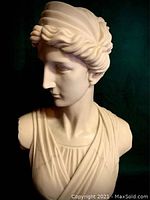 Front view of the Diana bust statue showing finely detailed face and upper torso.