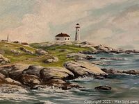 Full view of Peggy’s Cove painting within gold-tone frame