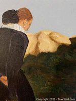 Close-up of the painting showing the upper half of a woman in dark dress with a white collar and red hair, holding a book with a mountain background