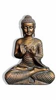 Front view of large Buddha statue sitting cross-legged in lotus position with detailed robe and hand mudras