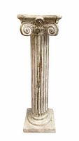Photo shows a vintage ceramic Roman column plinth with Ionic capital design, fluted shaft, and a square base. The finish is eggshell with golden accents, height about 30 inches.