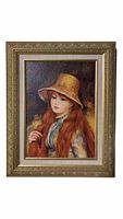 Full view of vintage framed painting with a girl wearing a straw hat and reddish shawl.