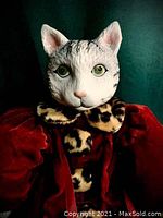 Close-up of the cat doll's detailed porcelain face showing green eyes, white and gray fur pattern.