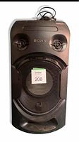 Front view of Sony MHC-V21D Bluetooth speaker showing speaker grills, Sony logo, and control panel on top.