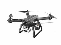 Front-angle view of one folded Holy Stone HS700D drone showing black frame, motors and mounted silver 2K camera on three-axis gimbal.