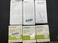 Six wireless WiFi range extender boxes showing two Jiooor 1200Mbps WiFi range extenders and four BrosTrend AC1200 Dual Band extenders.