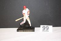 Mike Schmidt figurine standing in batting pose wearing white pinstripe Phillies uniform with red accents, red batting helmet, and black cleats, mounted on black base with nameplate.