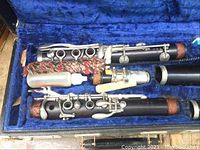 Clarinet disassembled in blue felt lined case showing upper and lower joints with silver keys, mouthpiece, reed, ligature, cloth swab, and plastic bottle.