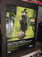 Front of box showing life-size Halloween cauldron witch figure including mist and bubble effects, with promotional text and image of the animated witch.