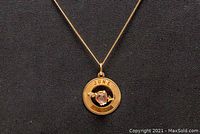 Close-up front view of pendant and chain on black background