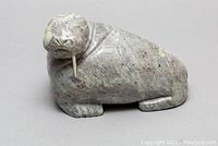 Angled side view showing walrus carving and remaining tusk