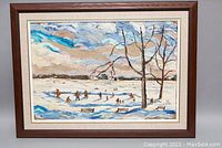 Full-front view of framed oil painting showing winter scene with skaters on lake