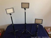 Three Neewer CN-160 LED panel lights mounted on adjustable tripods, showing front view with lighting panels illuminated.