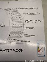 Box label showing design and technical specifications of Water Moon LED ceiling light, including brightness, LED type, lifespan, and installation method.