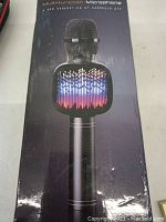 Box front of Bonaok multi-function microphone showing microphone image with LED speaker display.