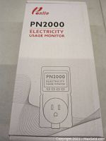 Box front showing Poniie PN2000 Electricity Usage Monitor branding and outline drawing of the device.