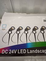 Box showing 6-pack of DC 24V LED landscape lights, each with spike mount and black finish for outdoor ground use.
