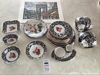 Overview of Senorita tea set, American Atelier plates and Paris print