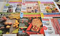 Top row of three MaryJanesFarm magazines with themes including quilts, Granny Square crafts, and gardening