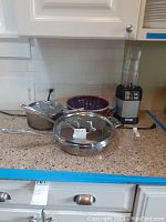 View of the items on kitchen counter showing All-Clad frying pan, pot, signed purple ceramic bowl, and Ninja blender base with container