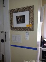 Classical style black and white print featuring a figure, in beige and gold frame on wall