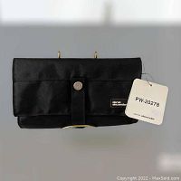 Front view of black nylon travel jewelry organizer with original tag PW-20278 and snap button flap closure.