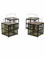Four brown metal hanging candle lanterns with square glass panel sides, wire handles on top, displayed in group.