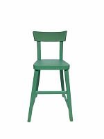 Front view of vintage wooden child's chair painted in azure green, showing chair backrest, seat and legs.