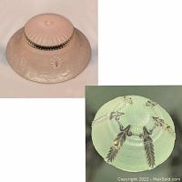 Top view of the pink glass ceiling lamp shade showing ribbed dome, brass band, and embossed floral motifs around rim.
