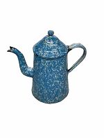 Front and side view of vintage blue and white graniteware gooseneck teapot showing swirl pattern and spout