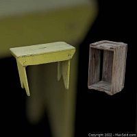 Photo showing side view of the yellow painted wooden bench alongside a natural wooden crate on a black background.