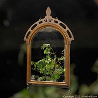 Front view of vintage wooden framed mirror showing arched top and decorative cutout woodwork, with mirror glass reflecting a plant. Some tarnishing visible.