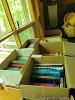 Top view of six cardboard boxes filled with assorted books in various colors and sizes, placed near a window with natural light.