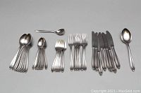 Full view of all flatware pieces laid out horizontally showing quantity and arrangement of spoons, forks, knives, and serving spoons.