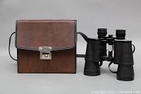 Photo of the binoculars and brown leather carrying case placed side by side showing overall items included.