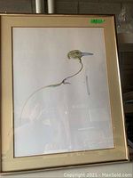 Framed signed watercolour painting measuring 31x25 inches, depicting a minimalist bird illustration.