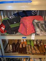Shelf with multiple bags including an Adidas gym bag, a pink polka dot bag, and snake print handbag on the top shelf. Below are multiple pairs of shoes and boots in multiple colors.
