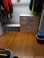 Two beige stackable storage units with two drawers each and white shoe storage unit with 10 compartments arranged together in closet space.