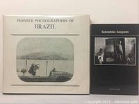 Both books shown side by side, with "Pioneer Photographers of Brazil" on left and "Sebastião Salgado" on right.