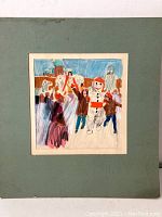 Full view of original pastel artwork with green matte showing the colorful winter scene and people, snowman, buildings in background. Matte shows signs of wear and marks.